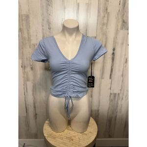 Splash Blue Ruched V-Neck Short Sleeve Top Size M Stretchy Cinch Front Shirt